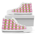 White Pink And Green Argyle Print White High Top Shoes