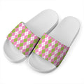 White Pink And Green Argyle Print White Slide Sandals