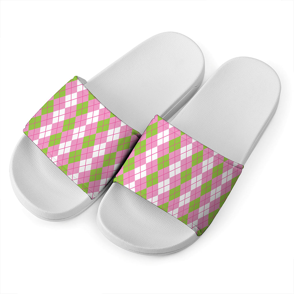 White Pink And Green Argyle Print White Slide Sandals