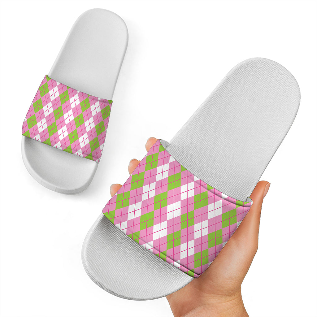 White Pink And Green Argyle Print White Slide Sandals