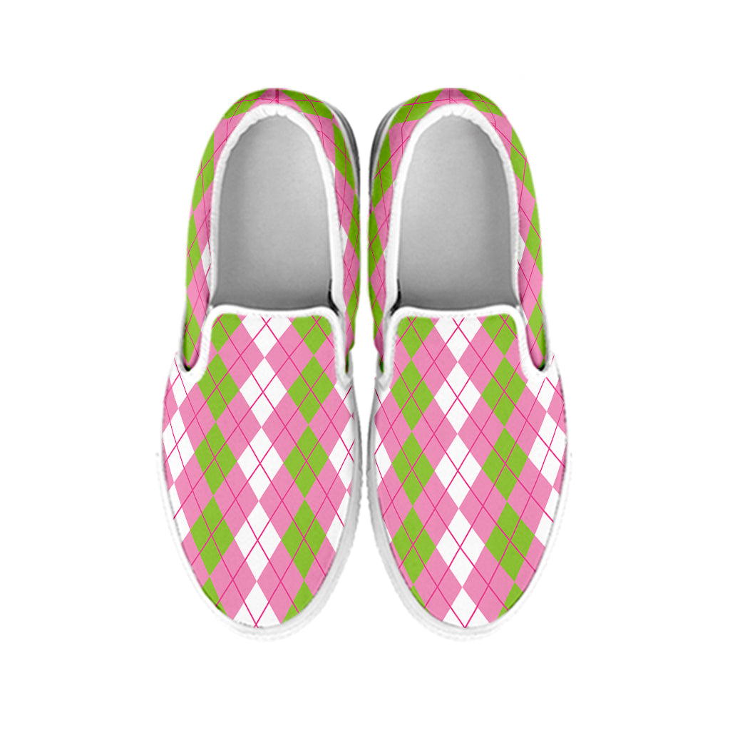 White Pink And Green Argyle Print White Slip On Shoes