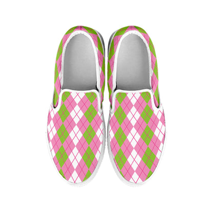 White Pink And Green Argyle Print White Slip On Shoes