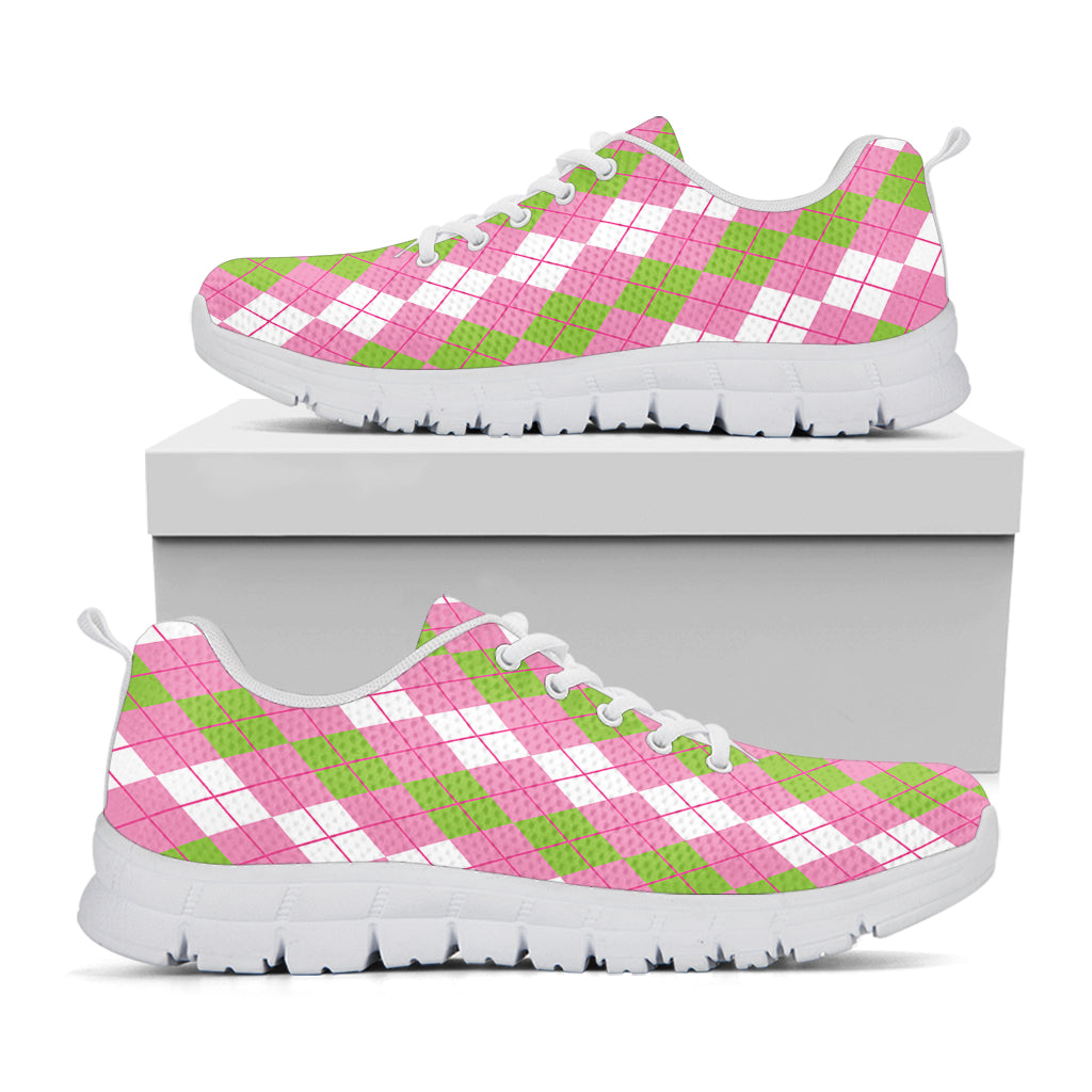 White Pink And Green Argyle Print White Sneakers