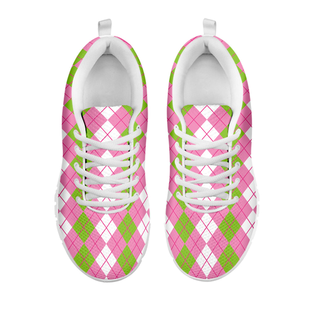 White Pink And Green Argyle Print White Sneakers