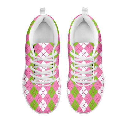 White Pink And Green Argyle Print White Sneakers