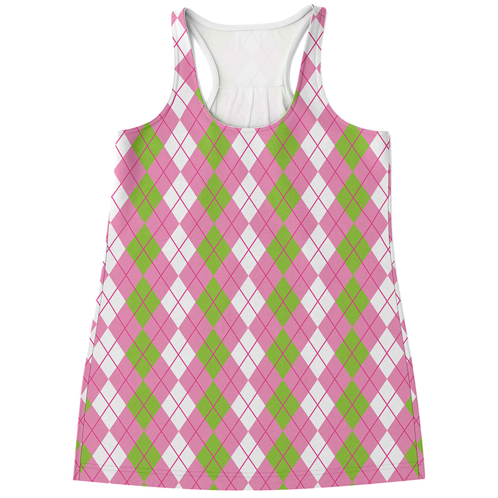 White Pink And Green Argyle Print Women's Racerback Tank Top