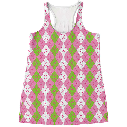 White Pink And Green Argyle Print Women's Racerback Tank Top