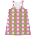 White Pink And Green Argyle Print Women's Racerback Tank Top