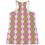 White Pink And Green Argyle Print Women's Racerback Tank Top