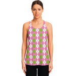 White Pink And Green Argyle Print Women's Racerback Tank Top