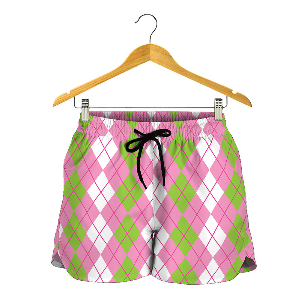 White Pink And Green Argyle Print Women's Shorts