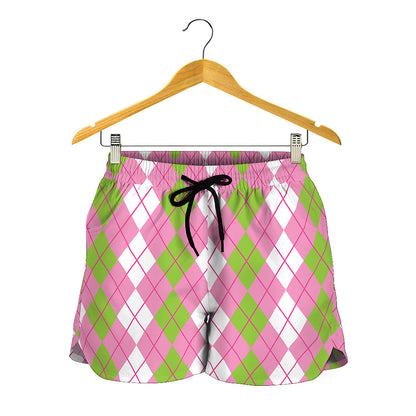 White Pink And Green Argyle Print Women's Shorts