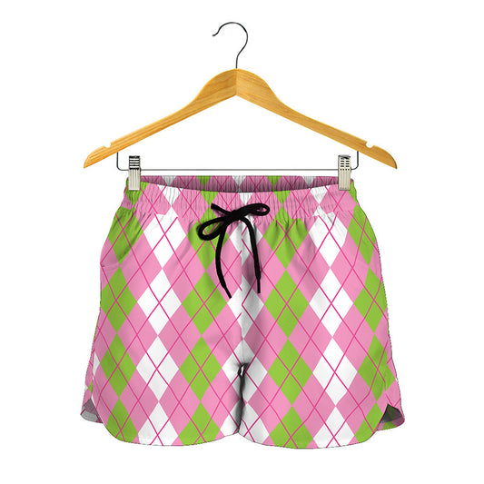 White Pink And Green Argyle Print Women's Shorts