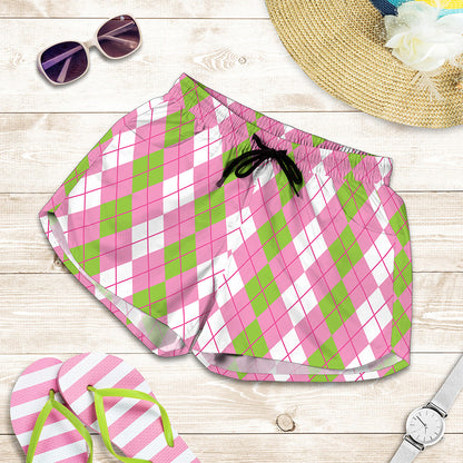 White Pink And Green Argyle Print Women's Shorts