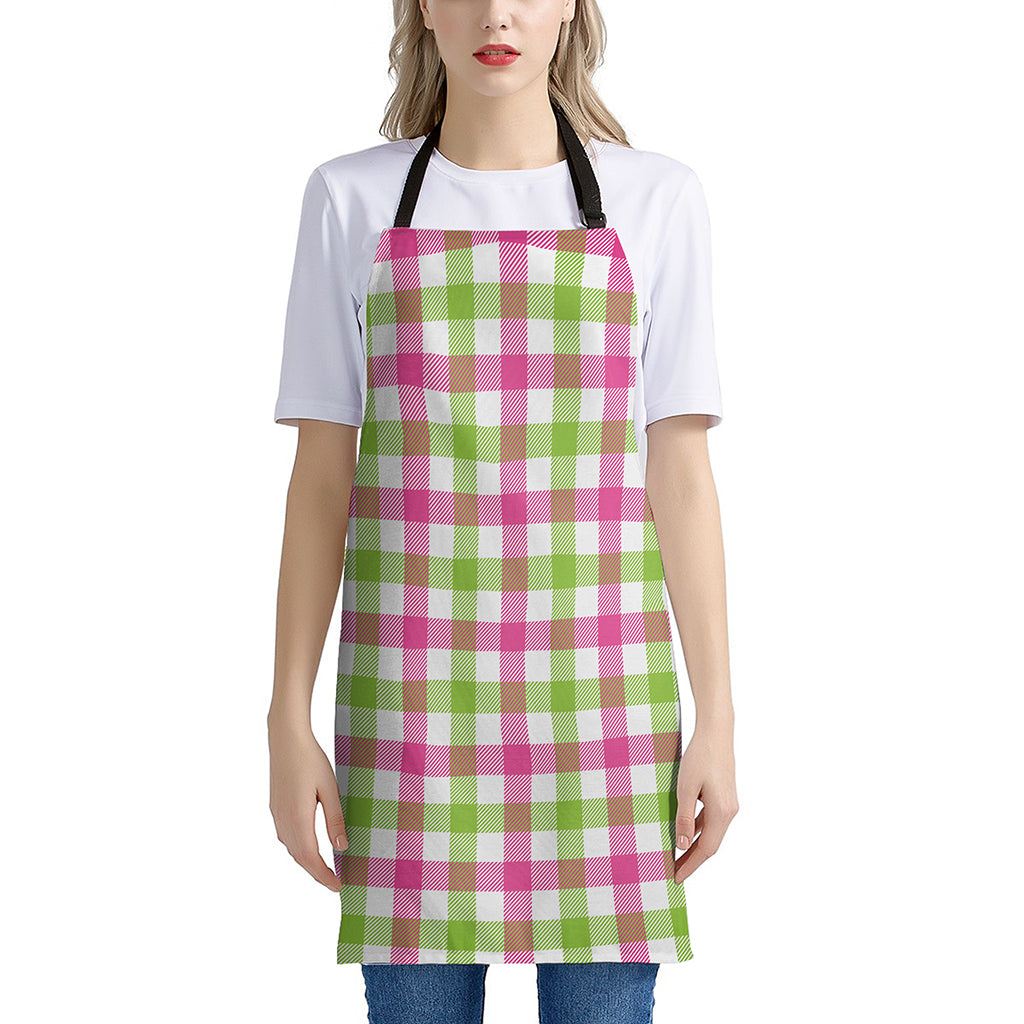 White Pink And Green Buffalo Plaid Print Apron