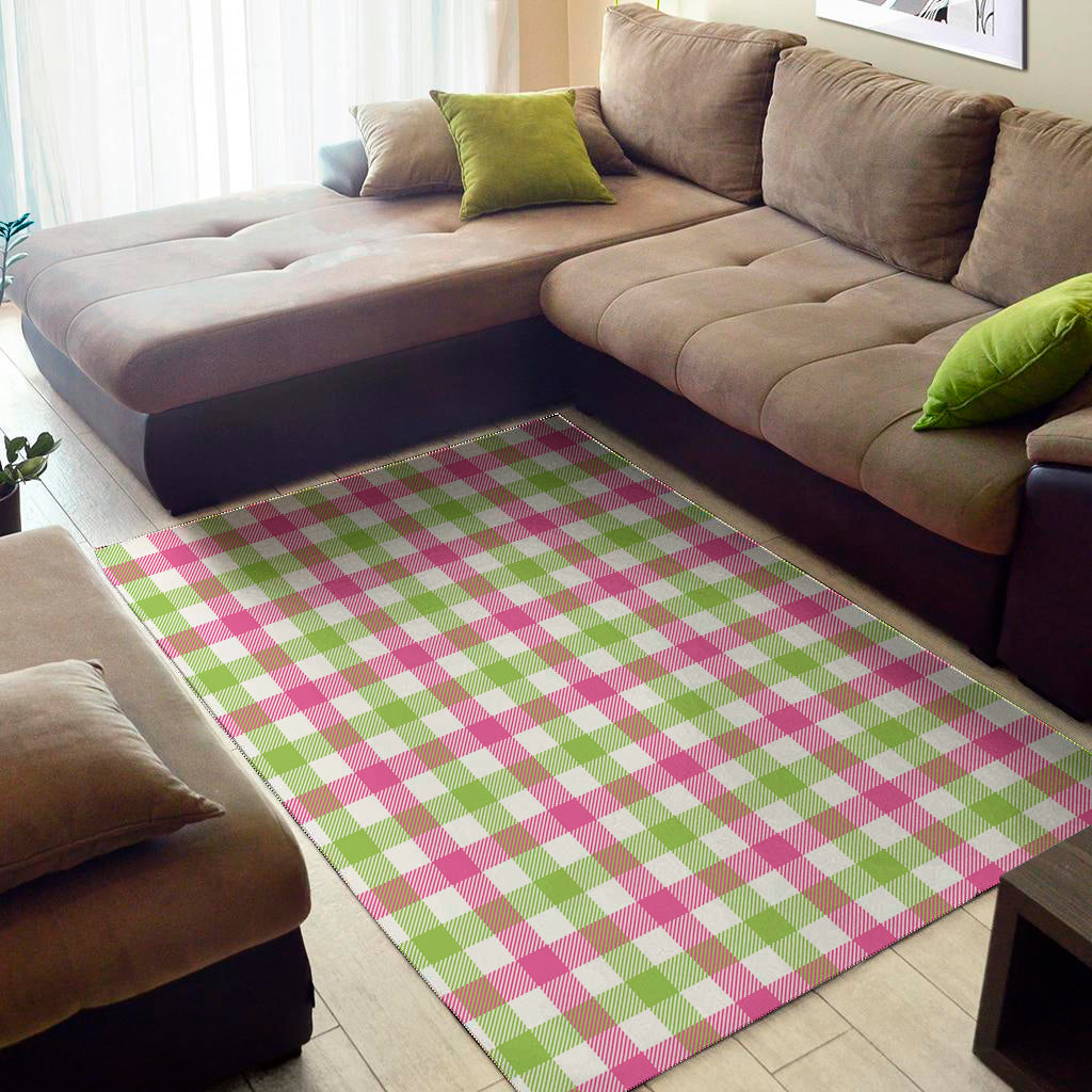 White Pink And Green Buffalo Plaid Print Area Rug