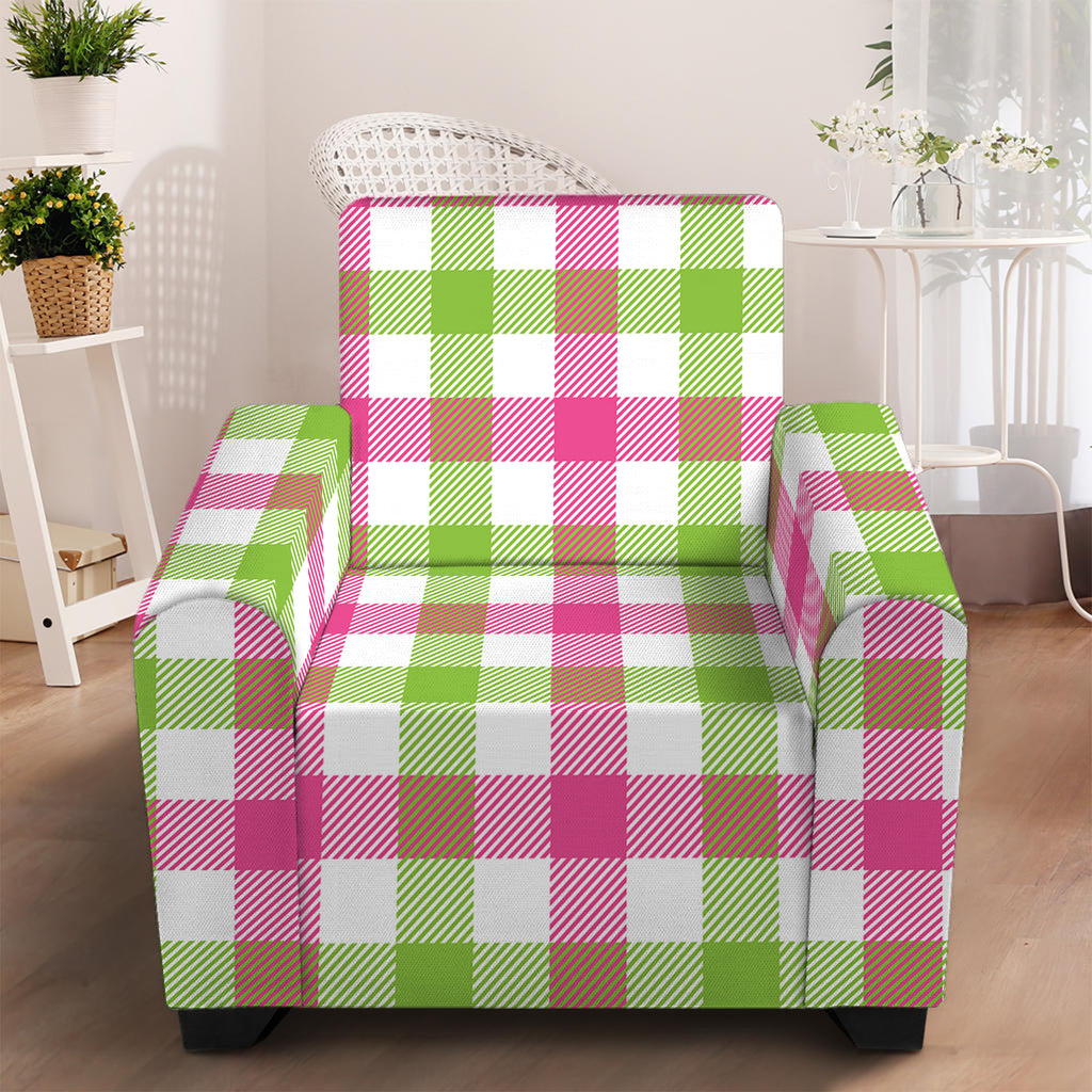 White Pink And Green Buffalo Plaid Print Armchair Slipcover