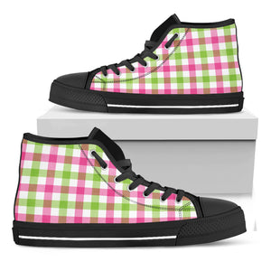 White Pink And Green Buffalo Plaid Print Black High Top Shoes