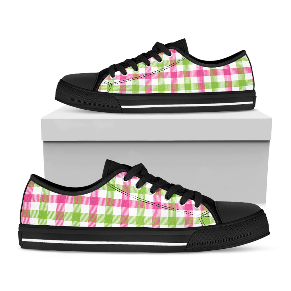 White Pink And Green Buffalo Plaid Print Black Low Top Shoes