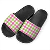 White Pink And Green Buffalo Plaid Print Black Slide Sandals