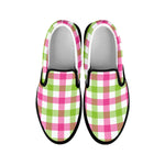White Pink And Green Buffalo Plaid Print Black Slip On Shoes