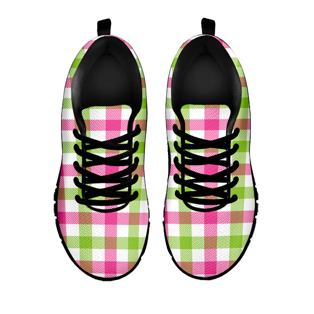 White Pink And Green Buffalo Plaid Print Black Sneakers