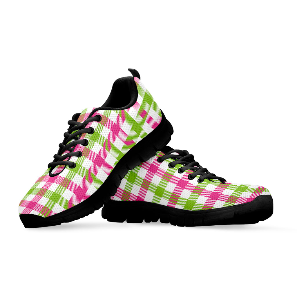 White Pink And Green Buffalo Plaid Print Black Sneakers