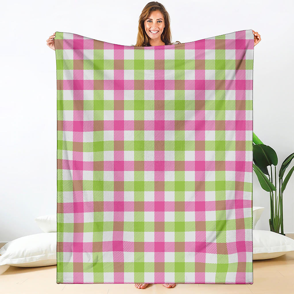 White Pink And Green Buffalo Plaid Print Blanket