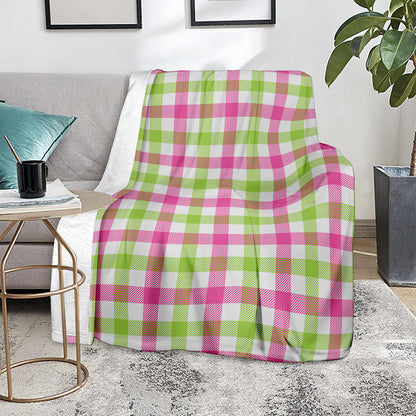 White Pink And Green Buffalo Plaid Print Blanket
