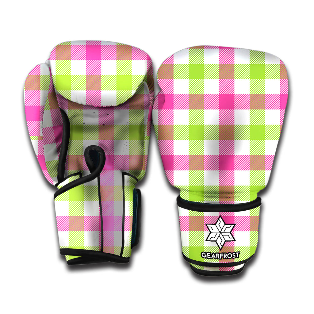 White Pink And Green Buffalo Plaid Print Boxing Gloves