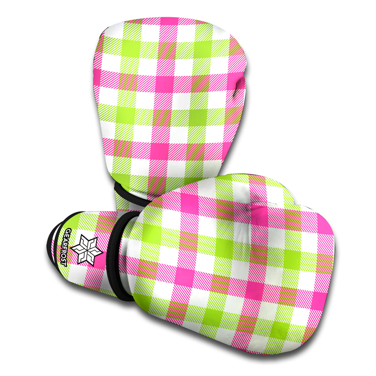 White Pink And Green Buffalo Plaid Print Boxing Gloves