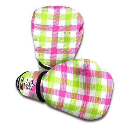 White Pink And Green Buffalo Plaid Print Boxing Gloves