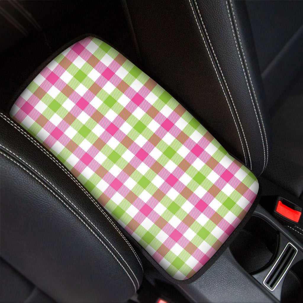 White Pink And Green Buffalo Plaid Print Car Center Console Cover