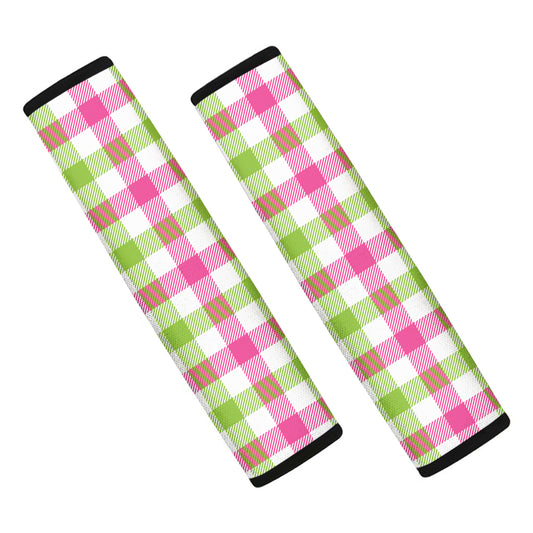 White Pink And Green Buffalo Plaid Print Car Seat Belt Covers