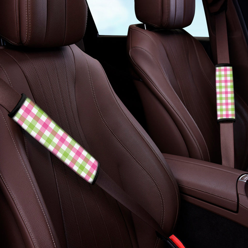 White Pink And Green Buffalo Plaid Print Car Seat Belt Covers