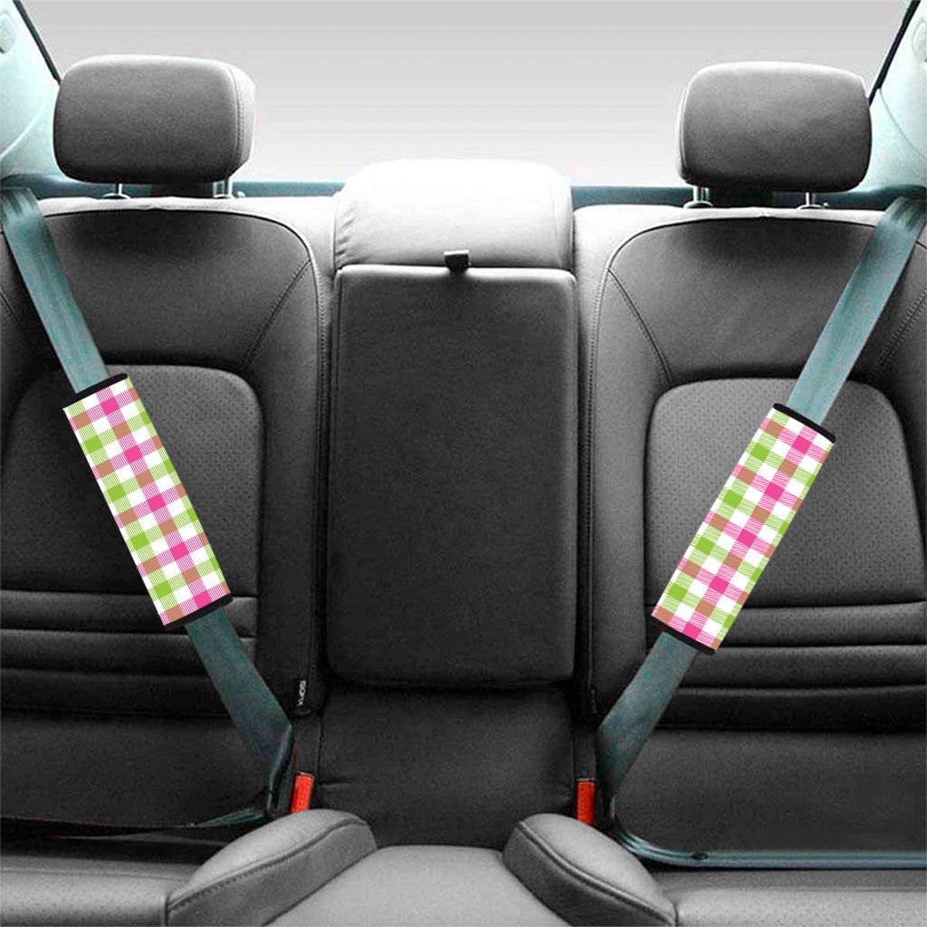 White Pink And Green Buffalo Plaid Print Car Seat Belt Covers