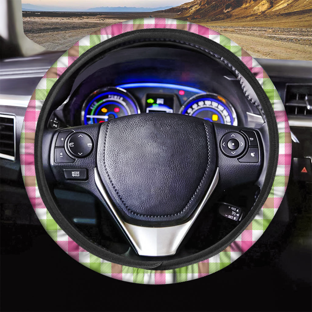 White Pink And Green Buffalo Plaid Print Car Steering Wheel Cover