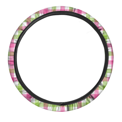 White Pink And Green Buffalo Plaid Print Car Steering Wheel Cover