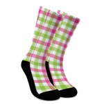 White Pink And Green Buffalo Plaid Print Crew Socks