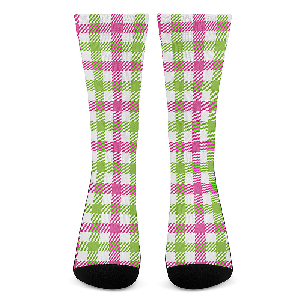 White Pink And Green Buffalo Plaid Print Crew Socks