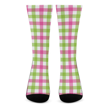 White Pink And Green Buffalo Plaid Print Crew Socks