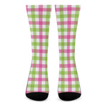 White Pink And Green Buffalo Plaid Print Crew Socks