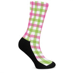 White Pink And Green Buffalo Plaid Print Crew Socks