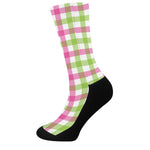 White Pink And Green Buffalo Plaid Print Crew Socks