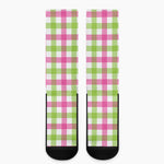 White Pink And Green Buffalo Plaid Print Crew Socks