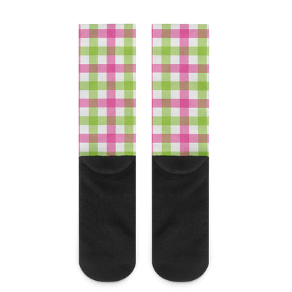 White Pink And Green Buffalo Plaid Print Crew Socks