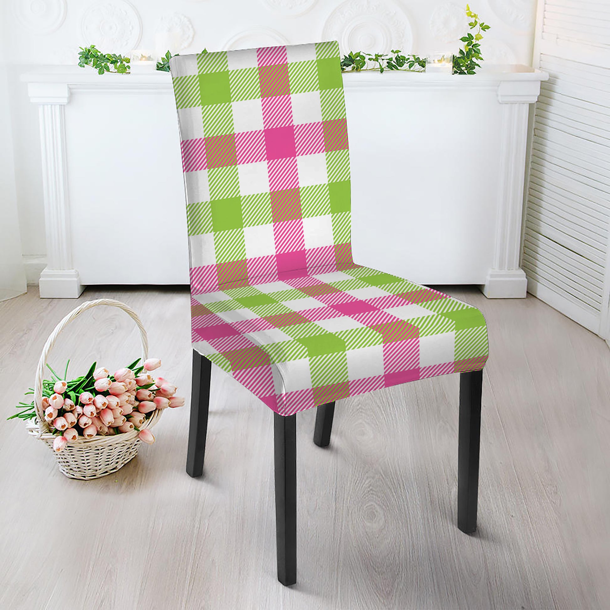 White Pink And Green Buffalo Plaid Print Dining Chair Slipcover
