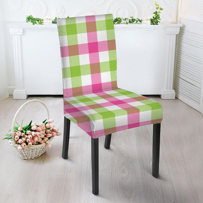 White Pink And Green Buffalo Plaid Print Dining Chair Slipcover