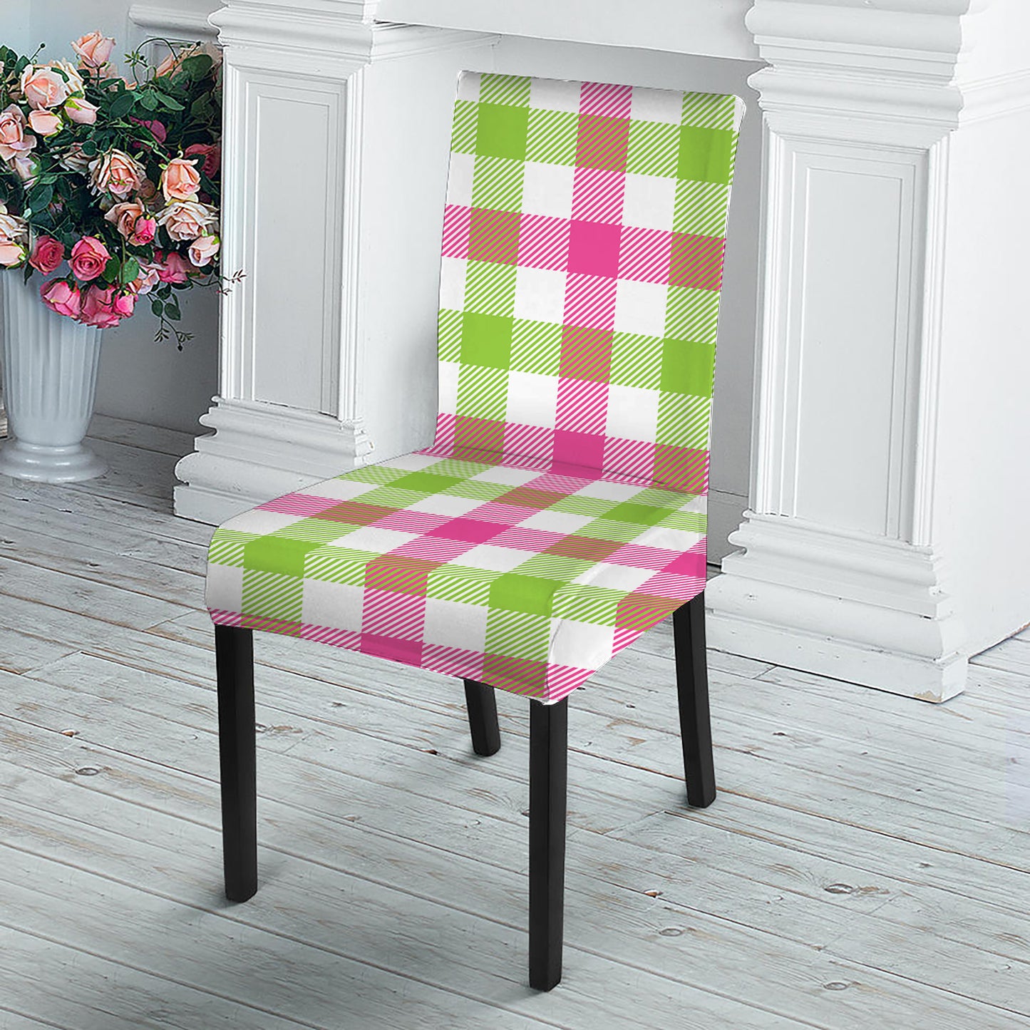White Pink And Green Buffalo Plaid Print Dining Chair Slipcover