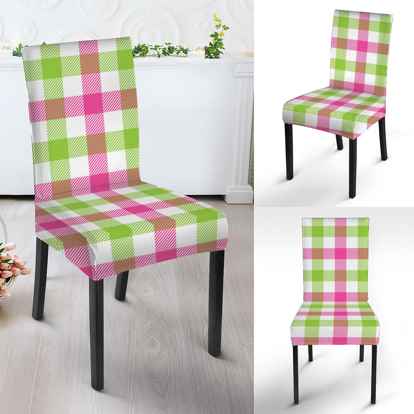 White Pink And Green Buffalo Plaid Print Dining Chair Slipcover